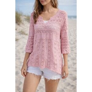 Orange Creek Womens Medium Pink Crochet Lace Tunic Top Boho 3/4 Sleeve Cotton